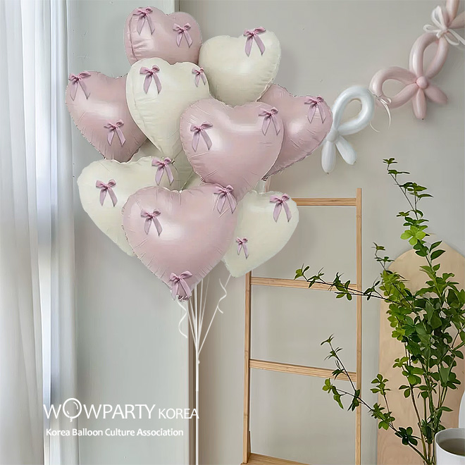 리본 하트 헬륨세트(핑크/베이지 혼합 10개)