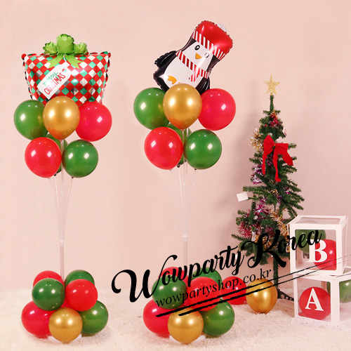크리스마스 풍선꽂이세트160cm (체크 선물 박스와 크리스마스 펭귄)